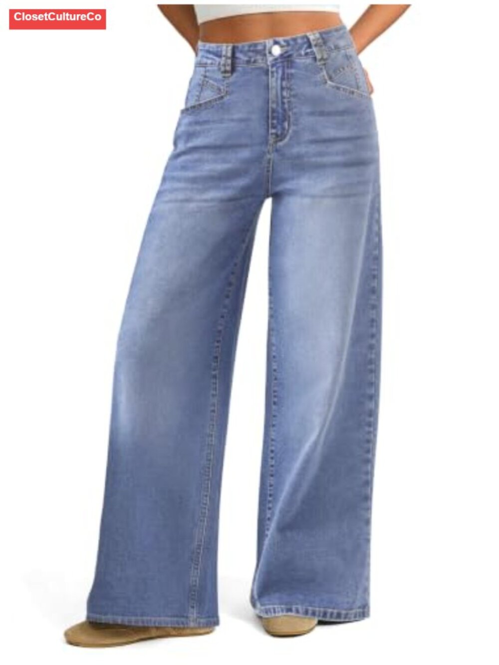 Womens Wide Leg Jeans Mid Rise Stretchy Denim Pants Relaxed Fit